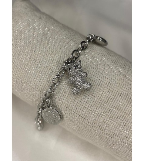 Bracelet acier- Breloque ours en strass et cadenas