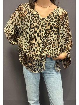 Top chemise  fluide en voile de soie motif leopard