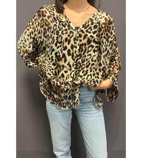 Top chemise  fluide en voile de soie motif leopard