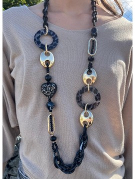 Collier Long - Assemblage perles avec cœur et ronds léopard