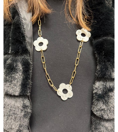 Collier Acier- Sautoir avec fleurs nacrées