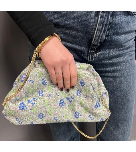 Sac porté travers, pochette fleurie avec effet drapé et strass