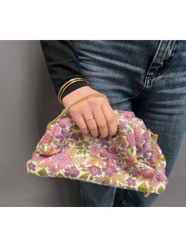 Sac porté travers, pochette fleurie avec effet drapé et strass