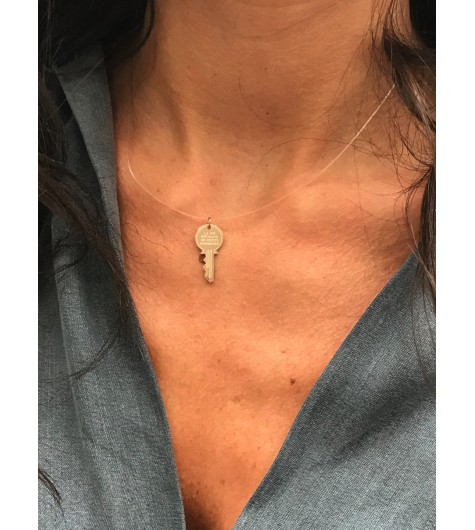 Collier Acier - Clé "La vie est faite de petits bonheur" sur fil nylon