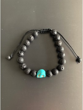 Bracelet -Tête de mort turquoise et Perles de lave sur cordon