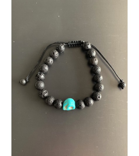 Bracelet -Tête de mort turquoise et Perles de lave sur cordon