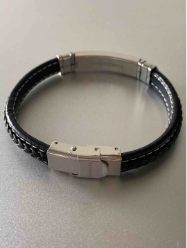 Bracelet Acier - Rectangle acier sur lien cuir avec tressage 